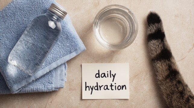 Daily hydration reminder with water bottle and cat tail,National Pet Hydration Awareness Month