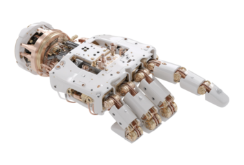 Advanced robotic hand with intricate mechanical details sleek white and gold design pointing forward isolated on png background