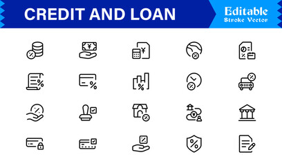 Credit Loan Finance Essentials—Professional Minimal line icon set featuring Banking, Lending, Mortgage, Debt, Interest, Payment, Wallet, Dollar, Budget, Capital