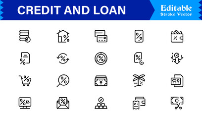 Credit Loan Finance Essentials—Professional Minimal line icon set featuring Banking, Lending, Mortgage, Debt, Interest, Payment, Wallet, Dollar, Budget, Capital