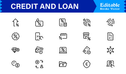 Credit Loan Finance Essentials—Professional Minimal line icon set featuring Banking, Lending, Mortgage, Debt, Interest, Payment, Wallet, Dollar, Budget, Capital