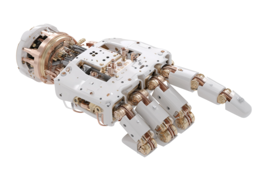 Advanced robotic hand with intricate mechanical details sleek white and gold design pointing forward isolated on png background