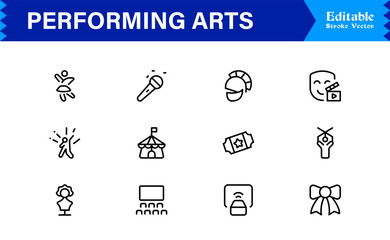 Obraz premium Performing Arts Professional Minimal line icon set – Modern outline symbols of theater masks, ballet shoes, music notes, stage curtains, orchestra, dance, drama