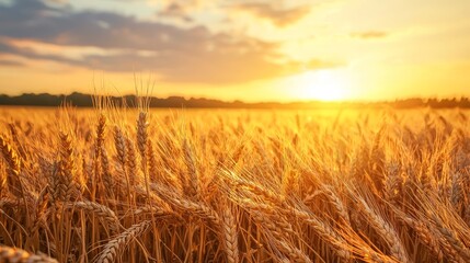 Obraz premium Ripe wheat fields natural landscape at sunset. farm harvest season.
