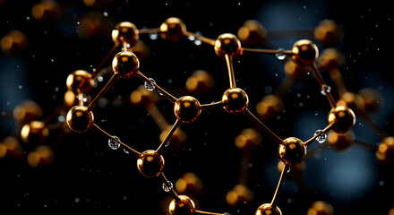 Golden molecular structure with water droplets against dark bokeh background molecule metallic