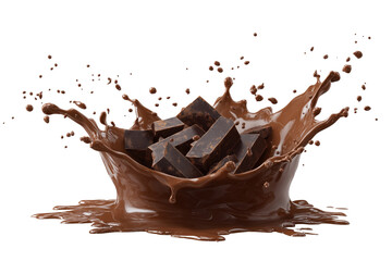 Fototapeta premium Dark chocolate chunks splashing in rich liquid chocolate isolated on a transparent background image
