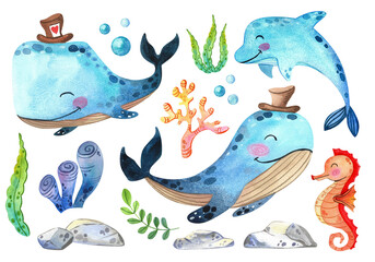 Fototapeta premium Watercolor illustration with cute underwater animals. Set with corals, dolphin, whales, sea plants. Perfect for children's parties, greeting cards, kindergartens, invitations, birthdays and parties.