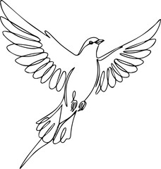 Single line drawing of a dove in flight with wings spread, symbolizing peace and freedom.