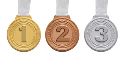 Gold silver and bronze medals with numbers 1 2 and 3 isolated on a transparent background award