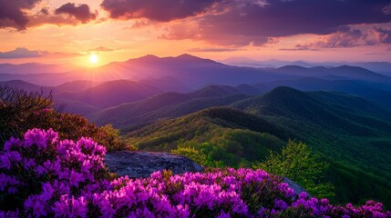 The Great Craggy Mountains along the Blue Ridge Parkway in North Carolina, USA with Catawba Rhododendron during a spring season sunset.