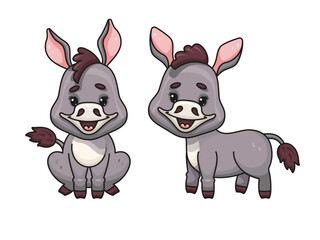 Cute Donkey Front and Profile Vector Illustration Set