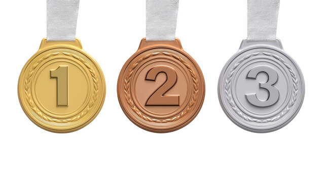 Gold silver and bronze medals with numbers 1 2 and 3 isolated on a transparent background award