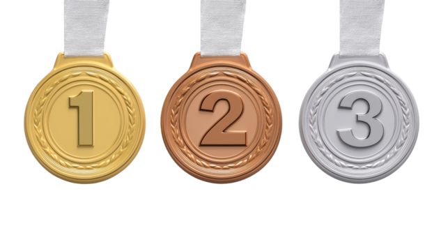 Gold silver and bronze medals with numbers 1 2 and 3 isolated on a transparent background award