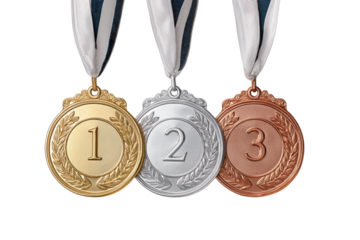 Gold silver bronze medals numbered one two three with laurel wreaths isolated on a transparent background