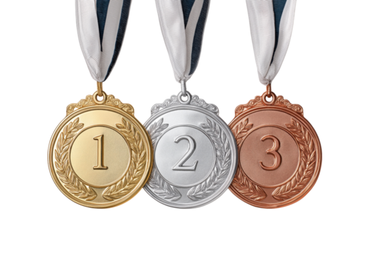 Gold silver bronze medals numbered one two three with laurel wreaths isolated on a transparent background