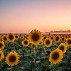Fototapeta premium Sunflowers Field at Sunrise: Vibrant Yellow Flowers in a Scenic Landscape