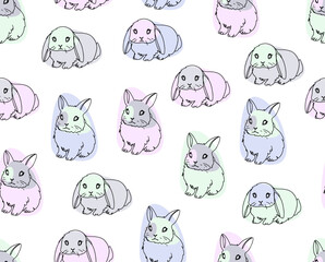 Seamless pattern with cute rabbits in line art style for wrapping paper.
