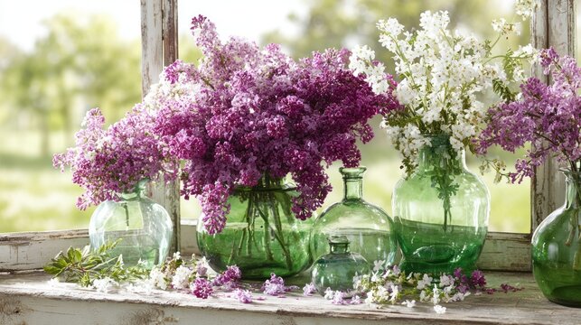 Lilacs and other flowers in decorative glass vases on a windowsill.