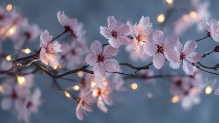 Delicate pink cherry blossoms illuminated by soft bokeh fairy lights