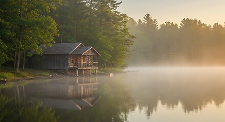 Obraz premium Foggy Morning by the Lake with Wooden Cabin – Tranquil Nature Scene