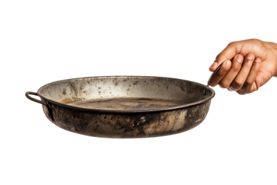 Hand holding a weathered metal frying pan with two handles isolated on a transparent background cooking