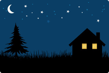 Fototapeta premium Illustration of a house and tree at night under a starry sky