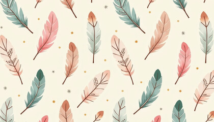 Feather Motif Seamless Pattern Design for Fashion, Home Decor, and Textile, Soft Pastel Colors, Artistic Viewpoint