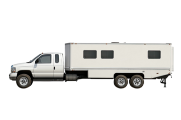 Light gray truck pulling a white mobile unit