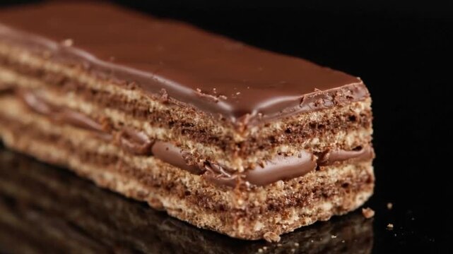 A chocolate wafer bar with layers of filling and a glossy chocolate topping on a black reflective surface