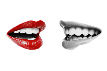 Red and grayscale lips with open mouths and white teeth isolated on a transparent background image