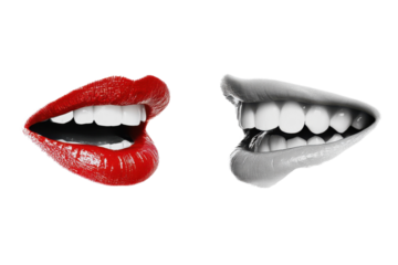 Red and grayscale lips with open mouths and white teeth isolated on a transparent background image