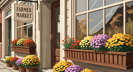 A charming storefront of a Farmer's Market, decorated with colorful fall flowers.