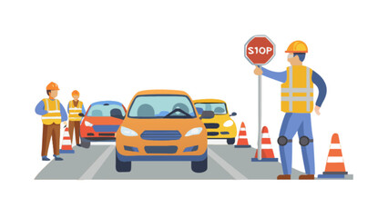 Road construction crew managing traffic with stop sign and cones, ensuring safety and control, originally a scalable vector graphic for flexible use in construction projects