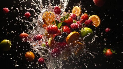 Colorful fruits and berries exploding in water splashes.