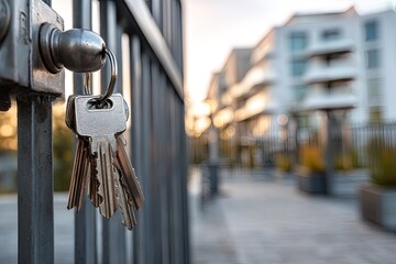 Keys hanging from a metal gate, with modern apartment buildings in the background
