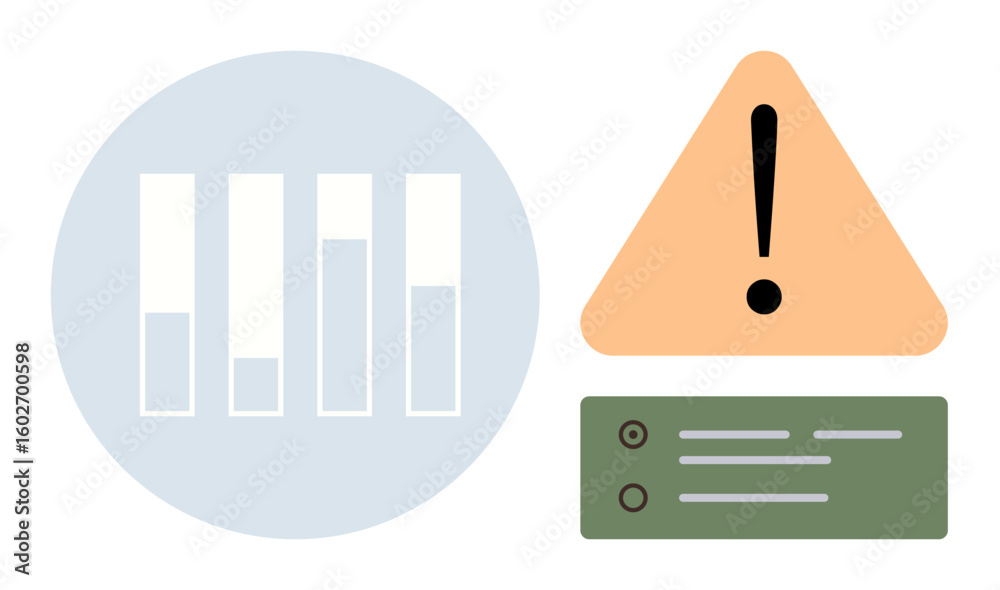 Poster vertical bar graph with incomplete segments, triangular alert with exclamation mark, and server stat