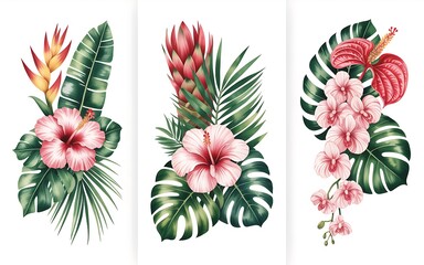 Vibrant Watercolor Tropical Floral Arrangements with Exotic Flowers and Lush Greenery