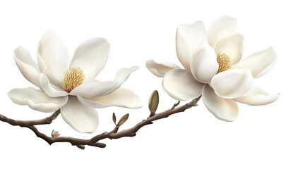 Two white magnolia blossoms on a branch