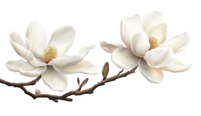 Two white magnolia blossoms on a branch