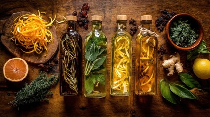 Flat lay of infused vinegar ingredients including citrus peels, fresh herbs, and bottles ready for sealing