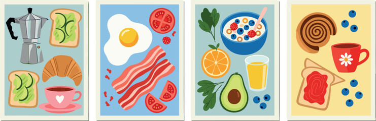 Hand drawn breakfast illustrations. Abstract trendy posters with coffee, fried egg, bacon, citrus juice, avocado, tomato, toast in jam