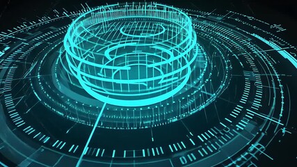 Blue wireframe sphere inside HUD rings on black background, low angle - Powered by Adobe