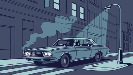 Obraz premium Vintage car illustration cruising city streets under a streetlamp, a classic automotive scene with a touch of urban nostalgia, perfect for retro designs and transportation themes
