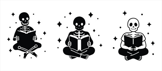 Gothic ink art illustration of skeletons engaged in reading books for banners and advertisements