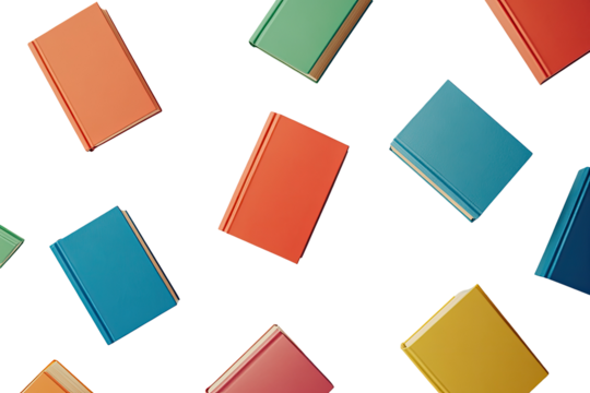 Colorful books in various shades, like coral, teal, and mustard yellow, are arranged randomly against a transparent background