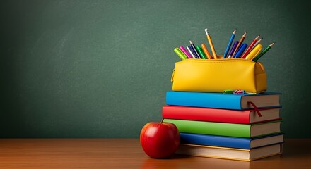 Stack of colorful books with pencils and an apple on a wooden desk