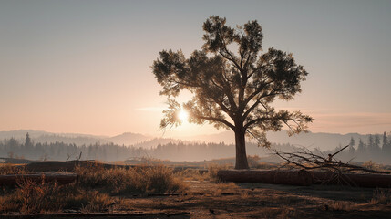 Fototapeta premium Lone oak tree standing in a clear cut field at sunrise, photorealistic