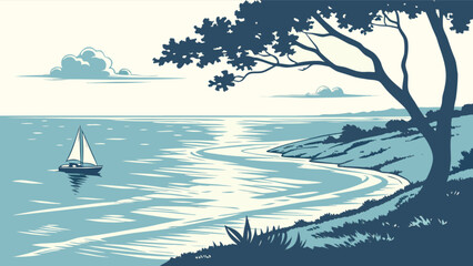 Serene seascape with sailboat on calm waters, tranquil coastal scene evokes peacefulness and relaxation, idyllic getaway for travel and leisure, vector illustration