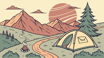 Tranquil camping scene amidst majestic mountains and serene nature, perfect for outdoor adventure and peaceful getaways, originally a scalable vector graphic