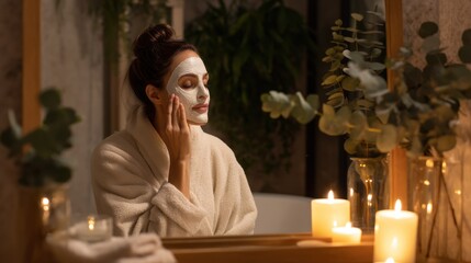 woman in bathrobe applying facial mask in softly lit bathroom, candles and eucalyptus around
